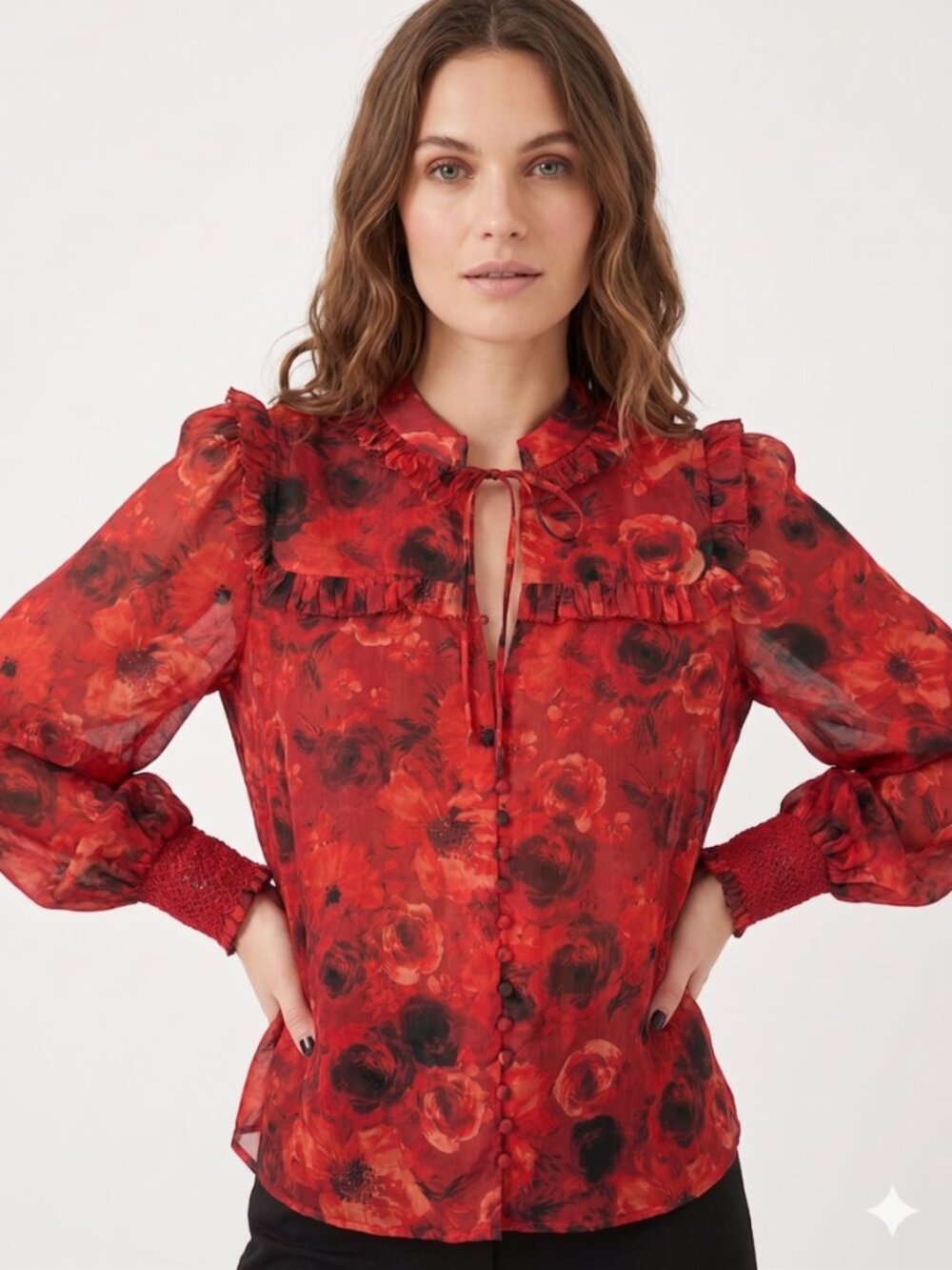 Alice + Olivia Red Floral Silk Blend Ruffle Blouse-Size Small-CC208P25015 $330